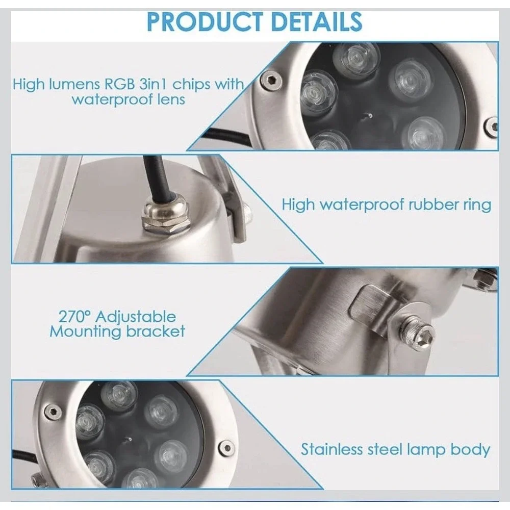 12N31/ Underwater LED Lights, 18W RGB Color Changing Spotlights, IP68 Waterproof
